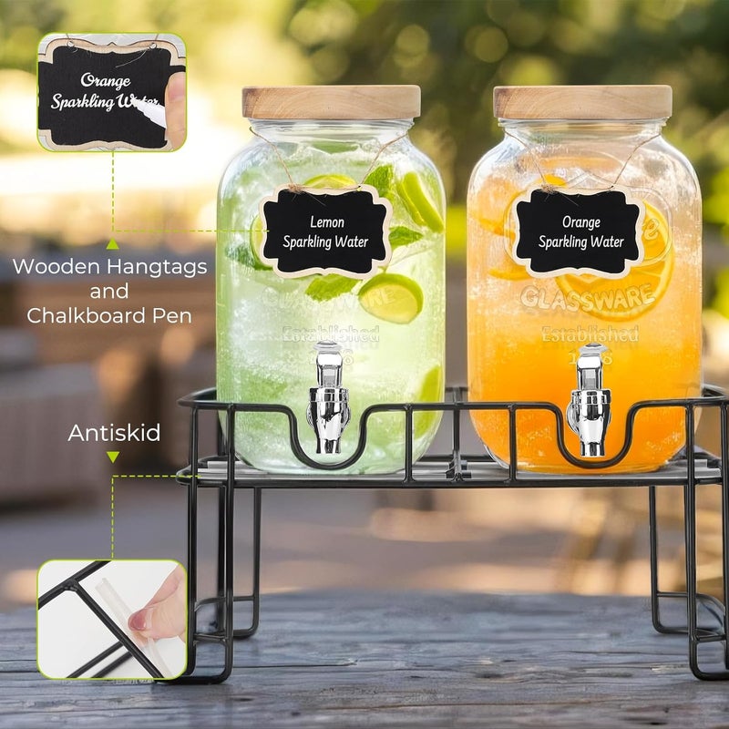 DHSBTLS 1 Gallon Glass Drink Dispensers, 2 Pack Clear Beverage Dispenser with Wood Lid for Party, BBQ and Picnic, Juice Dispenser with Black Stand, Spigot, Markers and Chalkboard - Image 5
